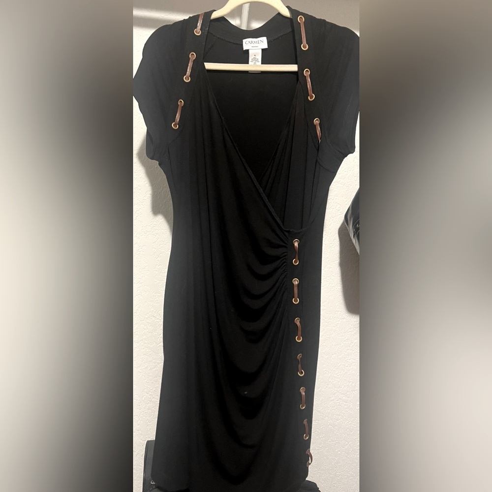 Black X-large Carmen Marc Valvo dress with brown leather stitching .